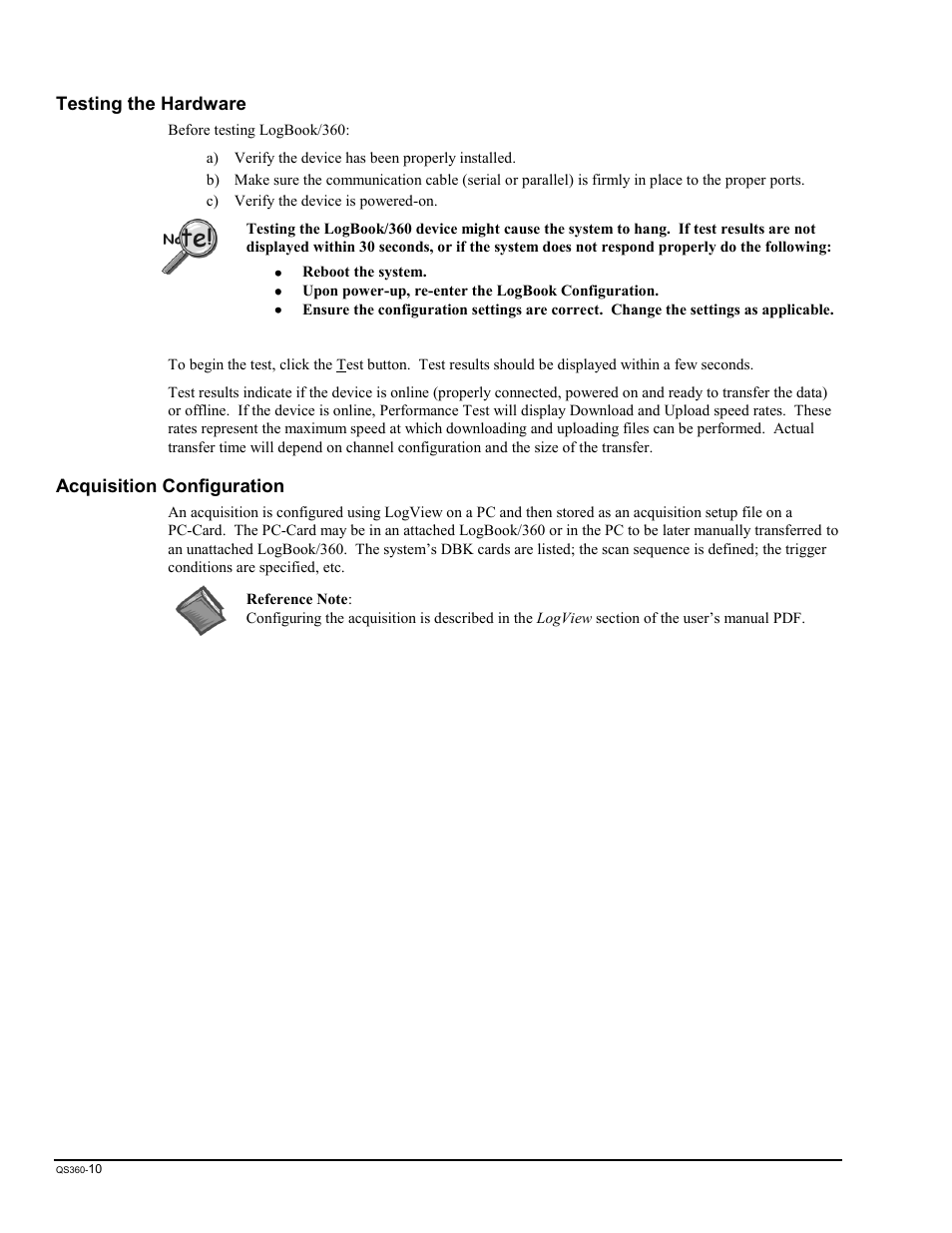 Testing the hardware, Acquisition configuration | Measurement Computing LogBook Series User Manual | Page 43 / 222