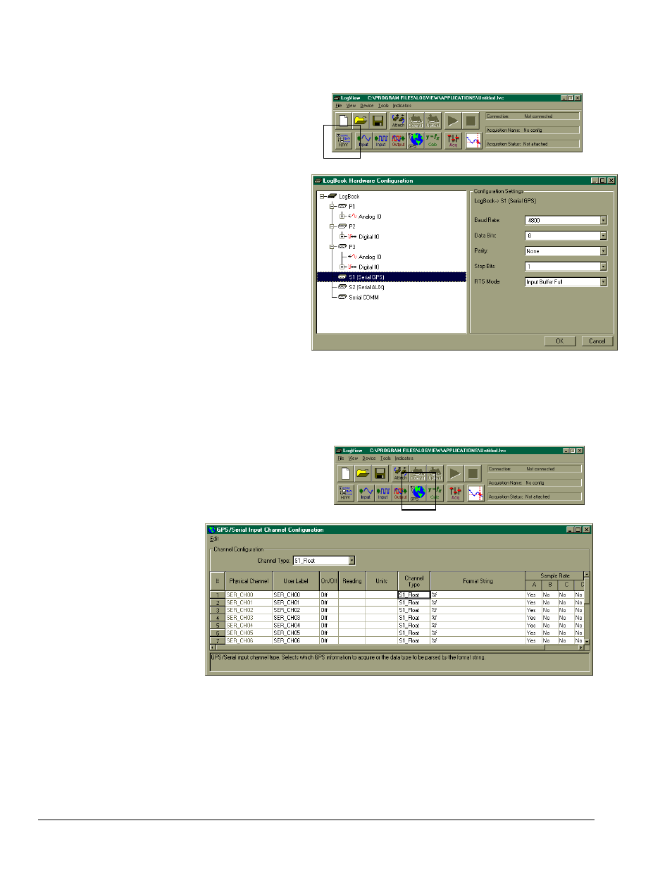 Setting up serial communication parameters, Gps/serial input channel configuration | Measurement Computing LogBook Series User Manual | Page 94 / 222