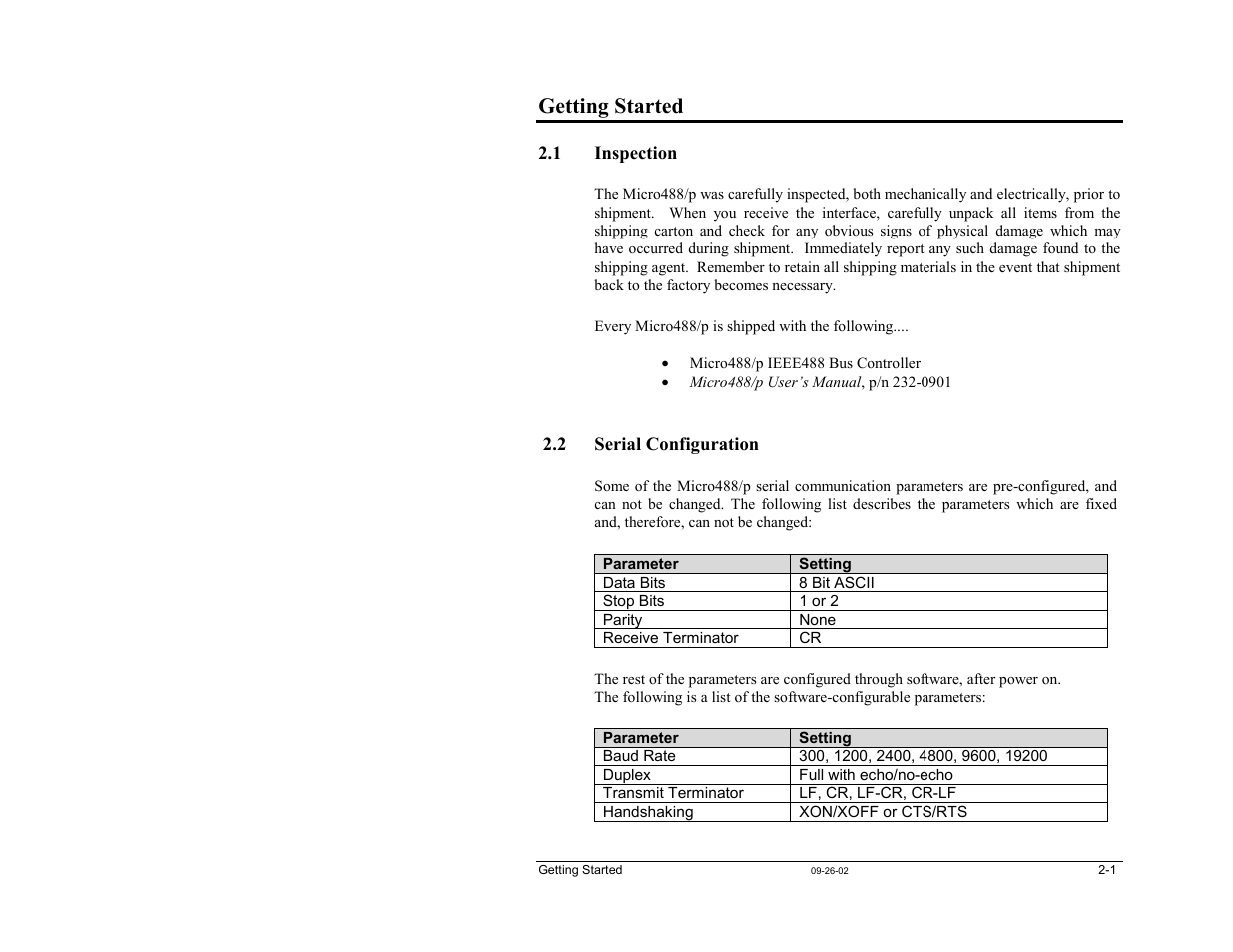 2 - getting started, 1 inspection, 2 serial configuration | Getting started | Measurement Computing Micro488/p User Manual | Page 11 / 44