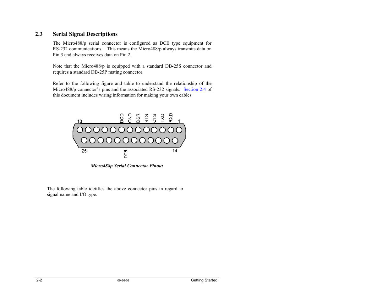 3 serial signal descriptions, 3 serial signal descriptions …… 2-2 | Measurement Computing Micro488/p User Manual | Page 12 / 44