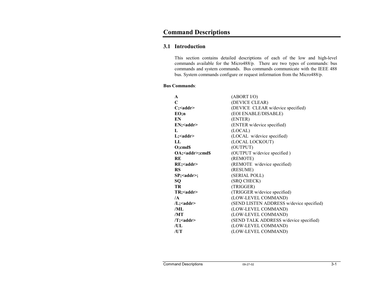 3 - command descriptions, 1 introduction, 1 introduction…… 3-1 | Command descriptions | Measurement Computing Micro488/p User Manual | Page 19 / 44