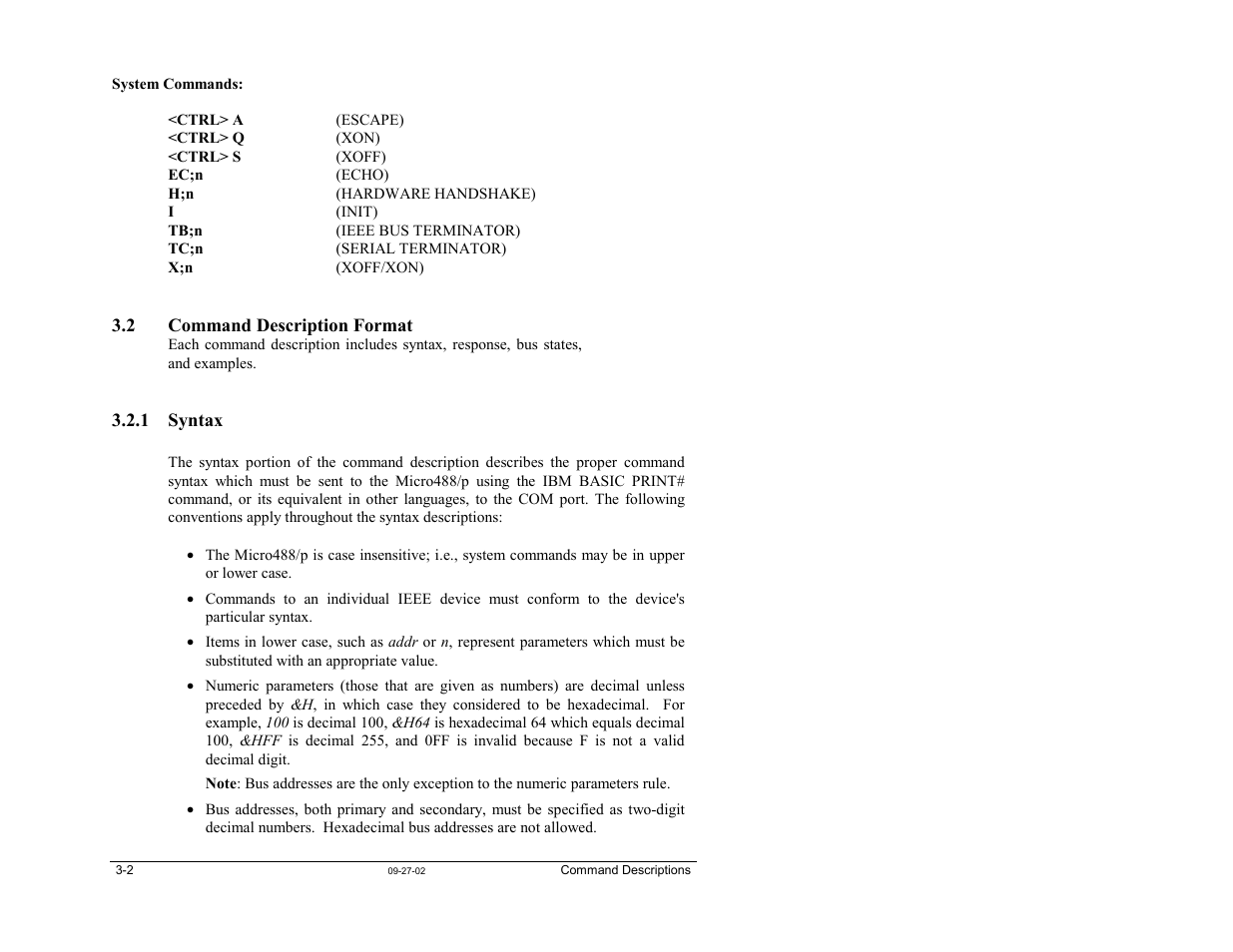 2 command description format, 1 syntax, 2 command description format …… 3-2 | Measurement Computing Micro488/p User Manual | Page 20 / 44