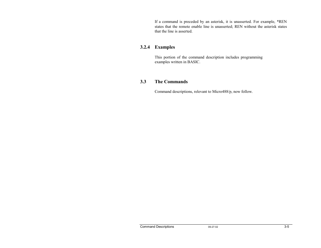 4 examples, 3 the commands, 3 the commands …… 3-5 | Measurement Computing Micro488/p User Manual | Page 23 / 44