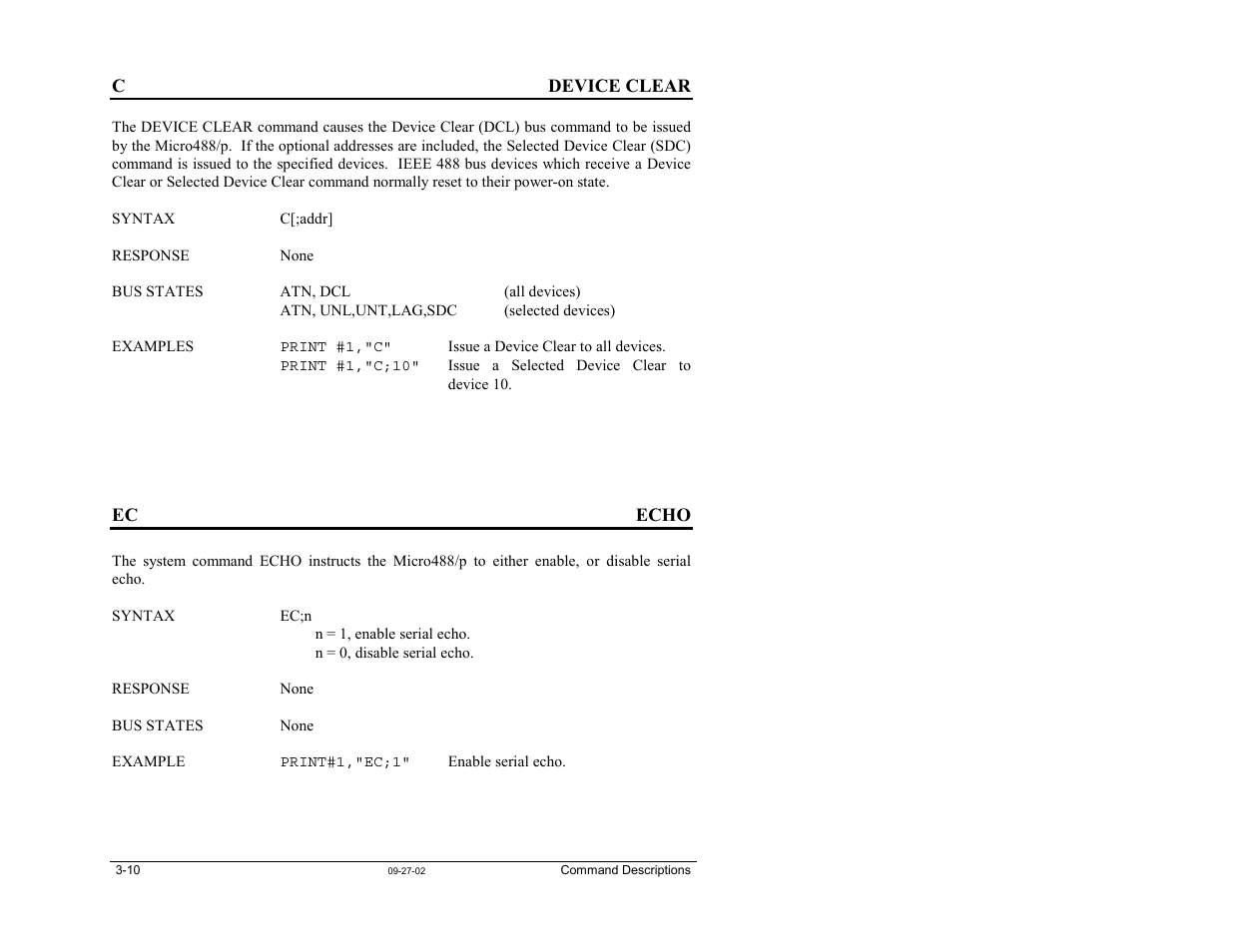 C - device clear, Ec - echo | Measurement Computing Micro488/p User Manual | Page 28 / 44