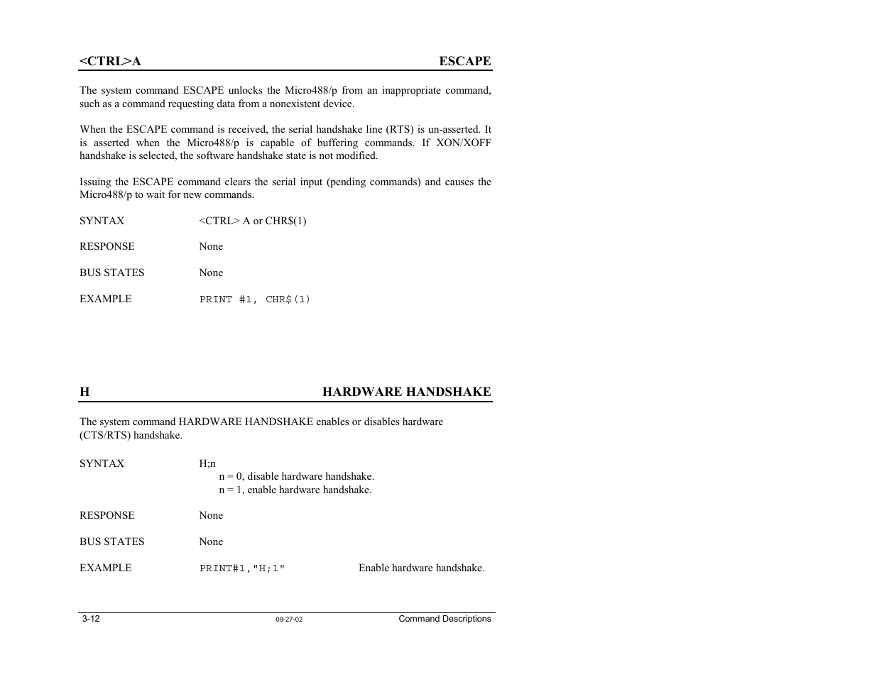 Ctrl>a - escape, H - hardware handshake | Measurement Computing Micro488/p User Manual | Page 30 / 44