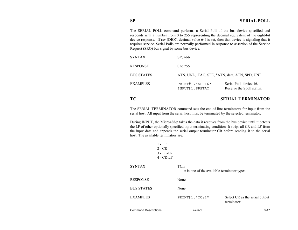 Sp - serial poll, Tc - serial terminator | Measurement Computing Micro488/p User Manual | Page 35 / 44