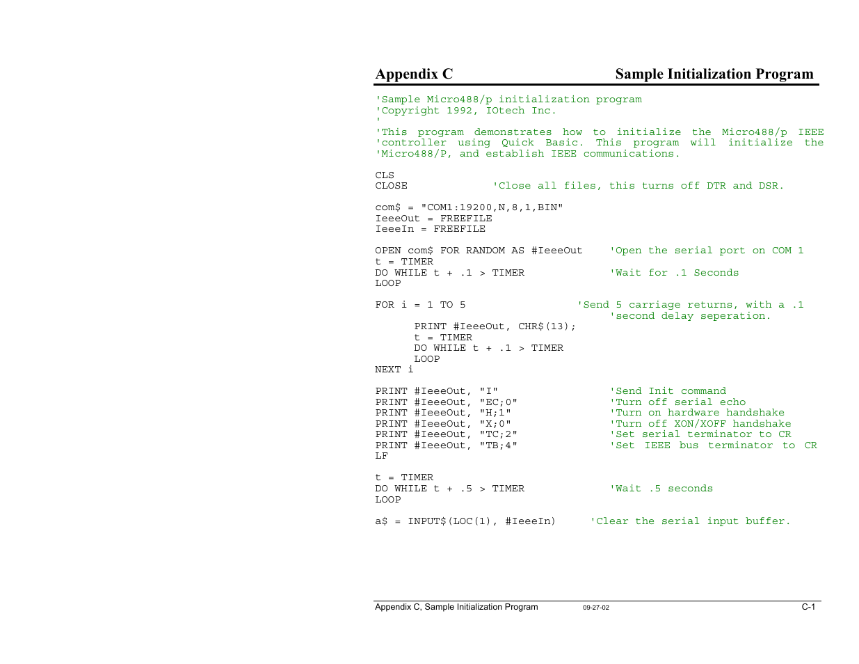 C - sample initialization program, C – sample initialiazation program, Appendix c sample initialization program | Measurement Computing Micro488/p User Manual | Page 43 / 44
