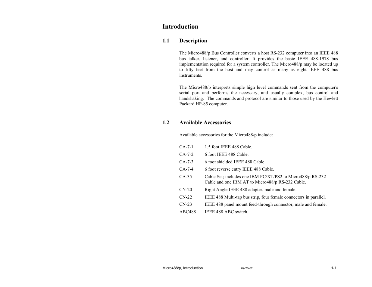 1 - introduction, 1 description, 2 available accessories | Introduction | Measurement Computing Micro488/p User Manual | Page 7 / 44