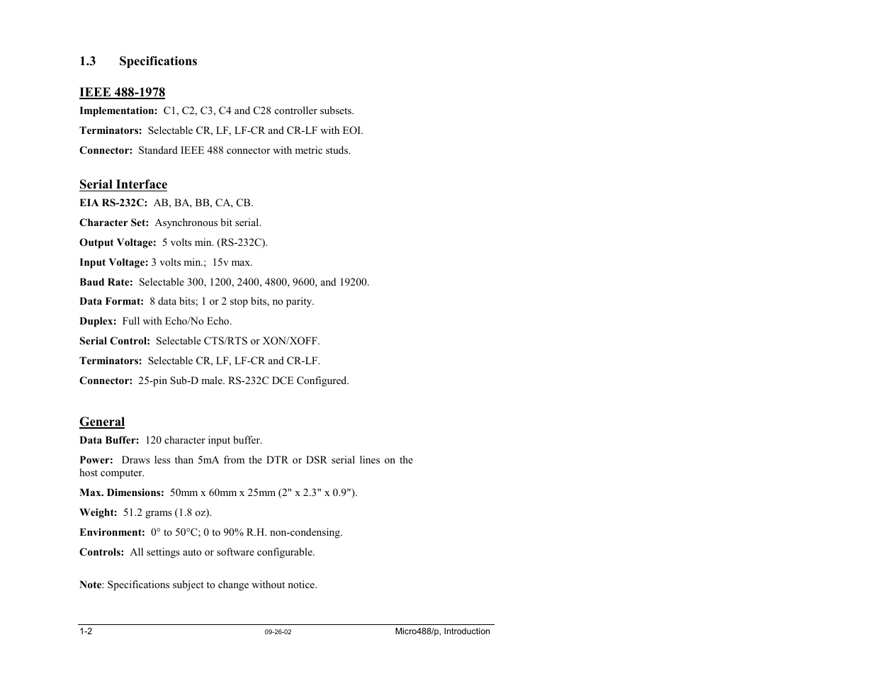 3 specifications, Serial interface, General | 3 specifications …… 1-2 | Measurement Computing Micro488/p User Manual | Page 8 / 44