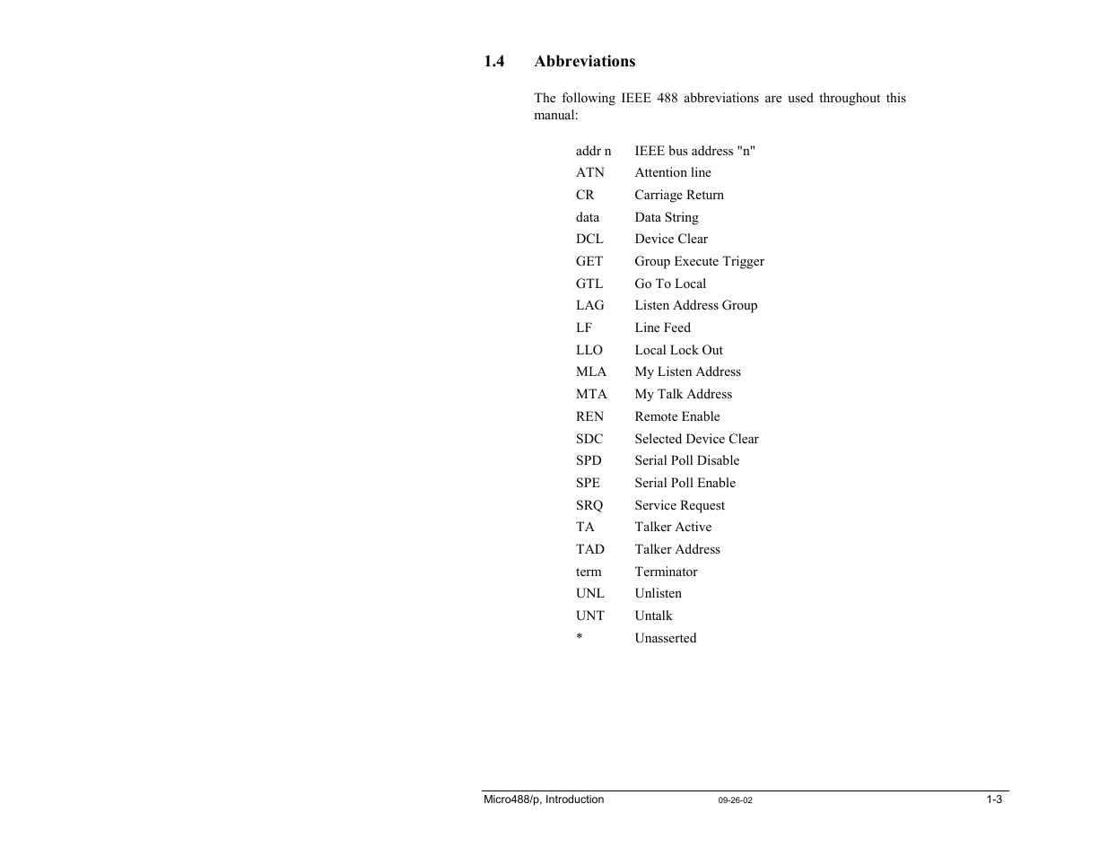 4 abbreviations, 4 abbreviations …… 1-3 | Measurement Computing Micro488/p User Manual | Page 9 / 44