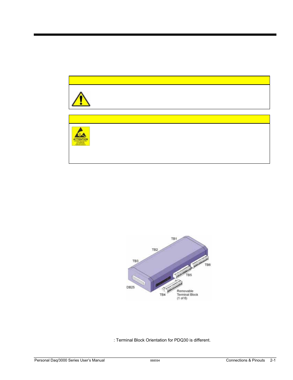 Ch 2 - connections and pinouts, Overview, Connections and pinouts 2 | Caution | Measurement Computing Personal Daq/3000 Series User Manual | Page 25 / 86