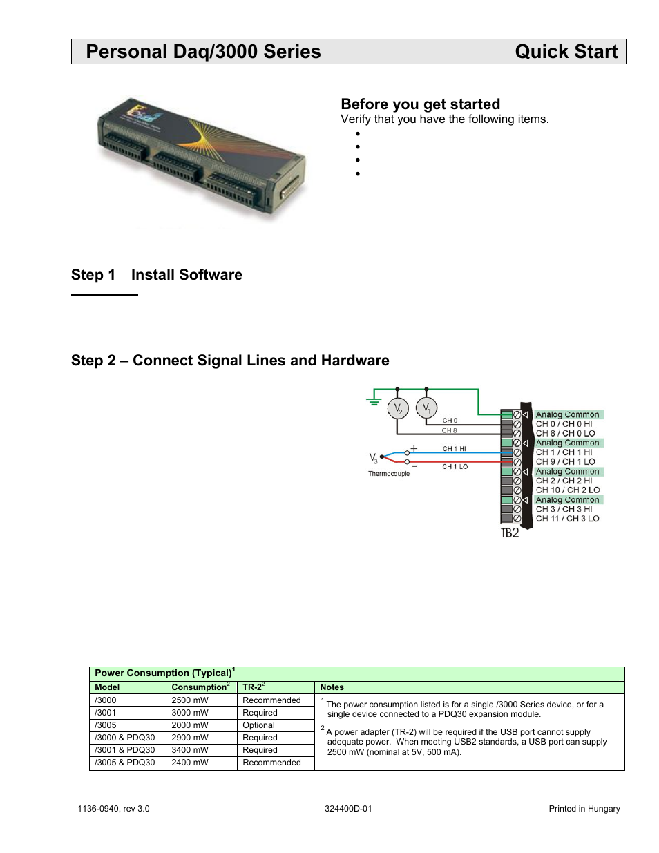 Personal daq/3000 series installation guide, Personal daq/3000 series quick start, Usb1-mhz, 16-bit multifunction modules | Before you get started, Step 1 – install software, Step 2 – connect signal lines and hardware | Measurement Computing Personal Daq/3000 Series User Manual | Page 7 / 86