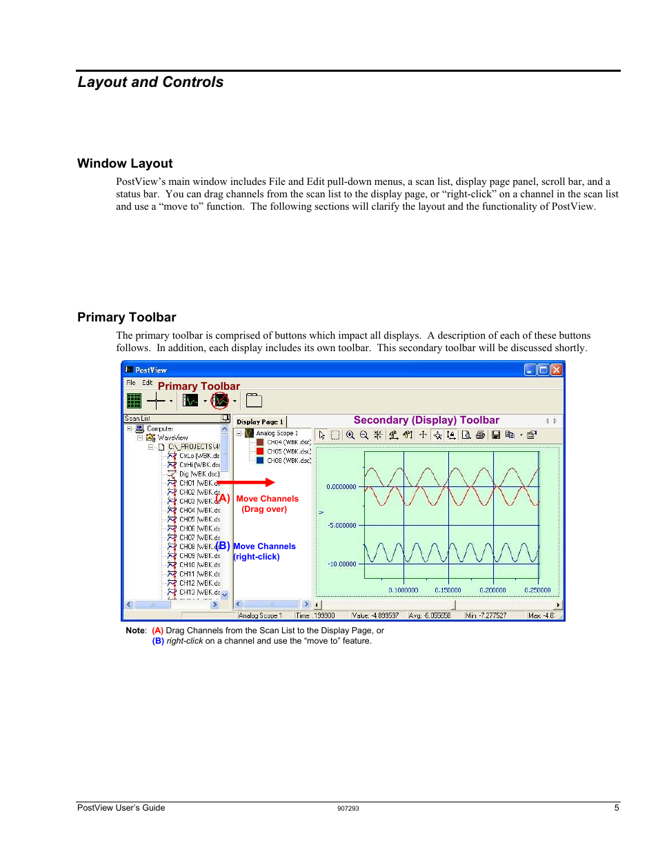 Layout and controls, Window layout, Primary toolbar | Layout and controls …… 5 | Measurement Computing PostView User Manual | Page 5 / 10