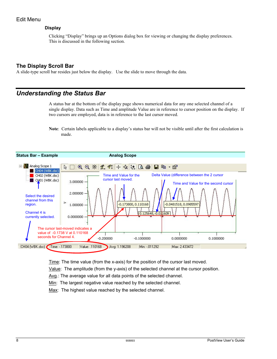 Edit menu, The display scroll bar, Understanding the status bar | Understanding the status bar …… 8 | Measurement Computing PostView User Manual | Page 8 / 10