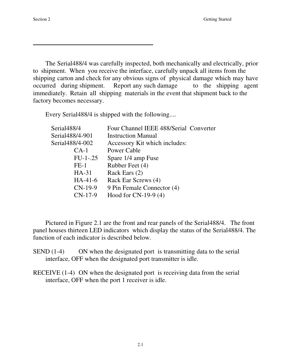 2 - getting started, 1 inspection, 2 front and rear panels | Getting started | Measurement Computing Serial488/4 User Manual | Page 13 / 91