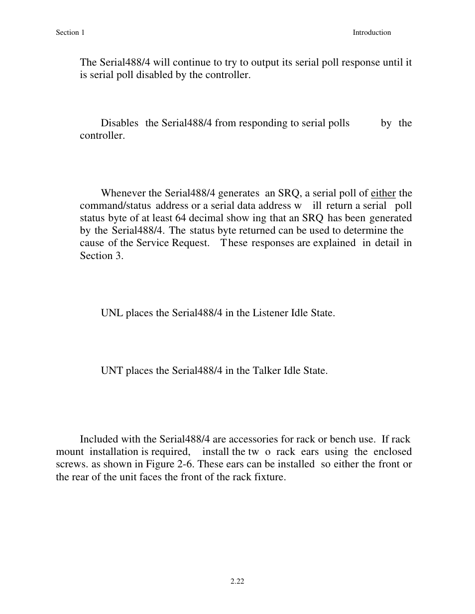 6 serial poll disable (spd), 7 serial poll response, 8 unlisten (unl) | 9 untalk, 7 hardware installation | Measurement Computing Serial488/4 User Manual | Page 34 / 91