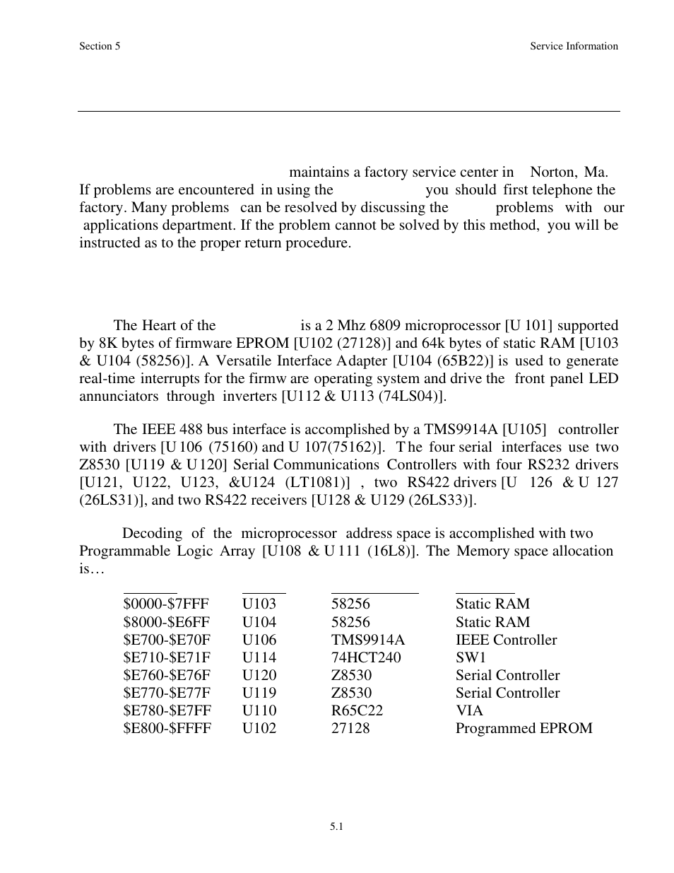 5 - service information, 1 factory service, 2 theory of operation | Service information | Measurement Computing Serial488/4 User Manual | Page 83 / 91