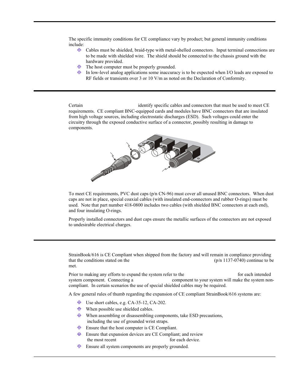Emissions/immunity conditions, Using shielded bnc connectors for ce compliance, Ce compliance for system expansion | Measurement Computing StrainBook/616 User Manual | Page 103 / 146