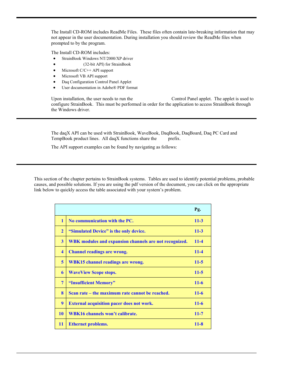 Readme files and the install cd-rom, Driver support, Troubleshooting tables | Measurement Computing StrainBook/616 User Manual | Page 116 / 146
