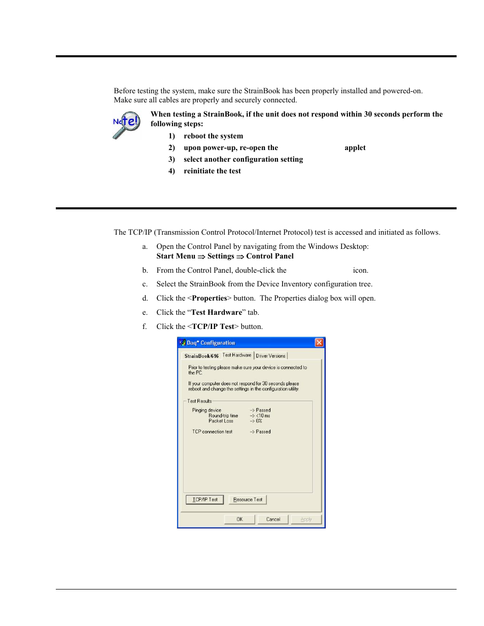 Appendix b – tcp/ip and resource tests, Appendix b – tcp/ip and resource tests b, Before you run a test | How to run the tcp/ip test | Measurement Computing StrainBook/616 User Manual | Page 139 / 146