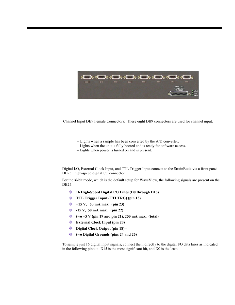 3 - connectors, indicators, and cables, Front panel connectors and indicators, Connectors, indicators, and cables 3 | Measurement Computing StrainBook/616 User Manual | Page 27 / 146