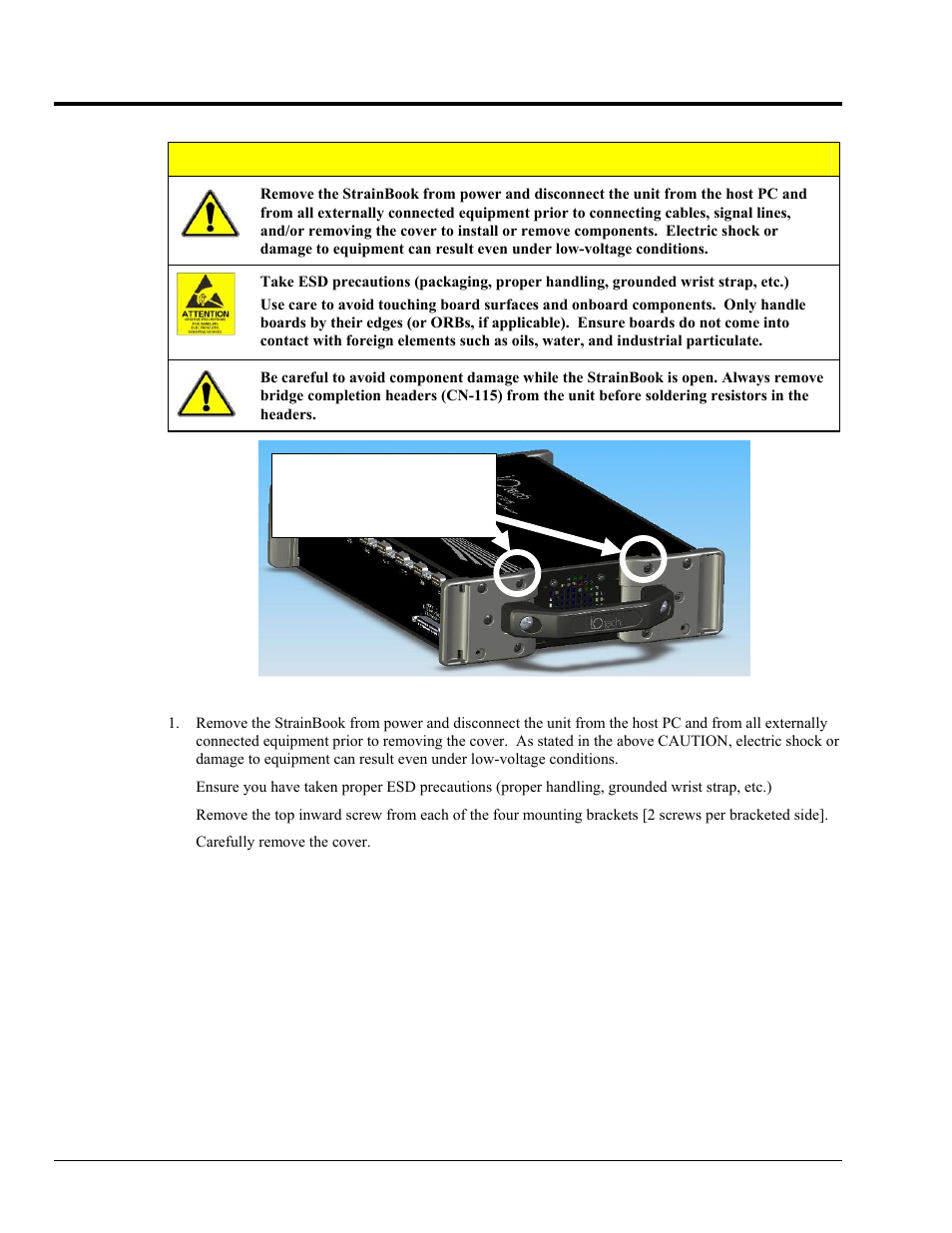 Removing the cover plate, Caution | Measurement Computing StrainBook/616 User Manual | Page 68 / 146
