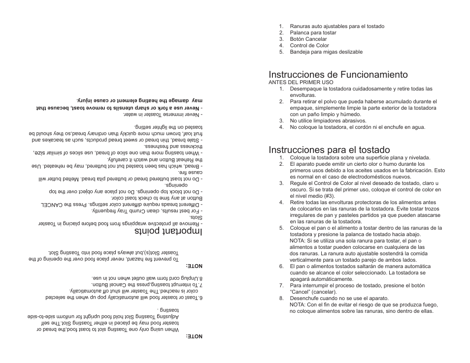 Important points, Instrucciones de funcionamiento, Instrucciones para el tostado | Continental COOL TOUCH CE23439 User Manual | Page 10 / 12