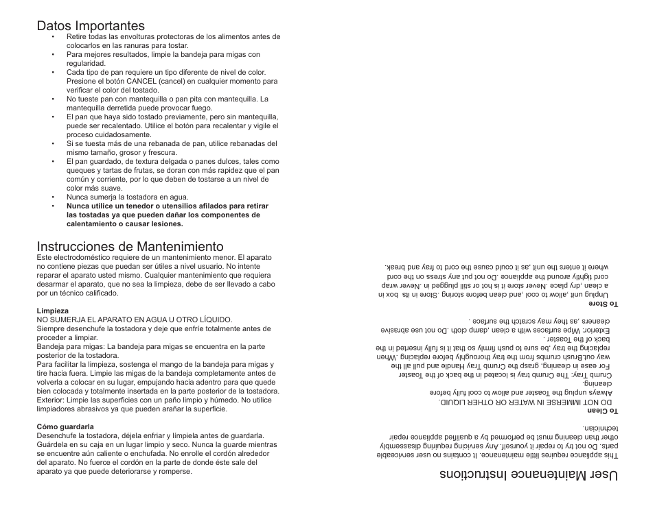User maintenance instructions, Datos importantes, Instrucciones de mantenimiento | Continental COOL TOUCH CE23439 User Manual | Page 11 / 12