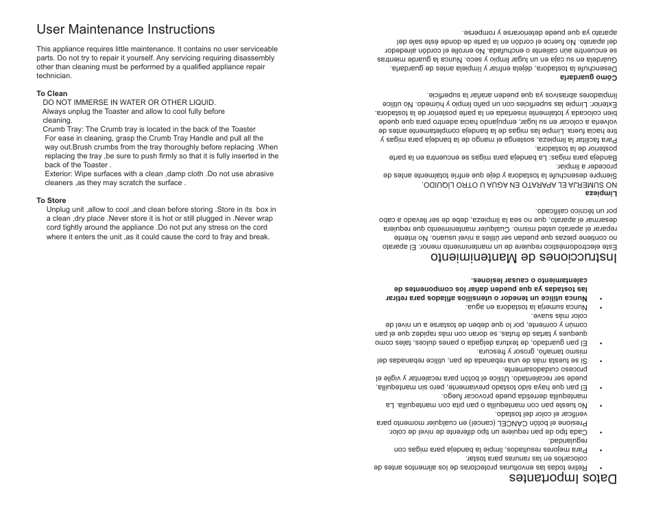 User maintenance instructions, Datos importantes, Instrucciones de mantenimiento | Continental COOL TOUCH CE23439 User Manual | Page 12 / 12