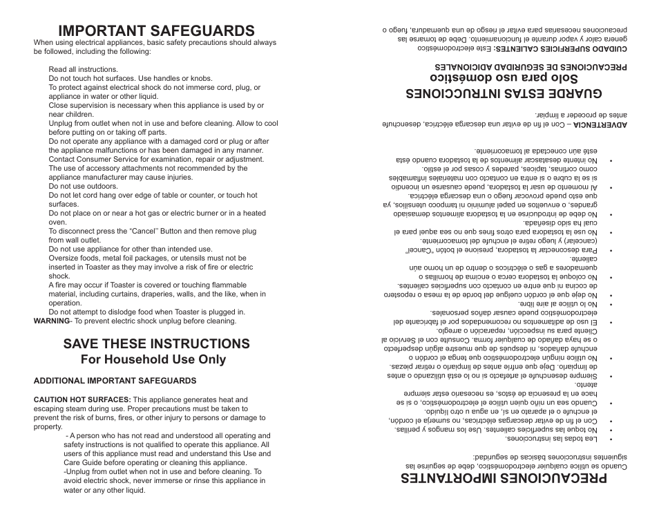 Important safeguards, Save these instructions, Precauciones importantes | For household use only, Guarde estas intrucciones solo para uso doméstico | Continental COOL TOUCH CE23439 User Manual | Page 2 / 12