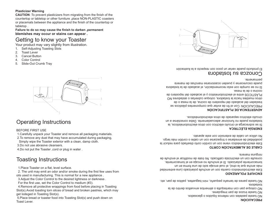 Conozca su tostadora, Getting to know your toaster, Operating instructions | Toasting instructions | Continental COOL TOUCH CE23439 User Manual | Page 4 / 12