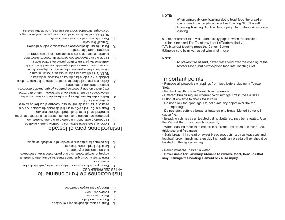 Important points, Instrucciones de funcionamiento, Instrucciones para el tostado | Continental COOL TOUCH CE23439 User Manual | Page 5 / 12