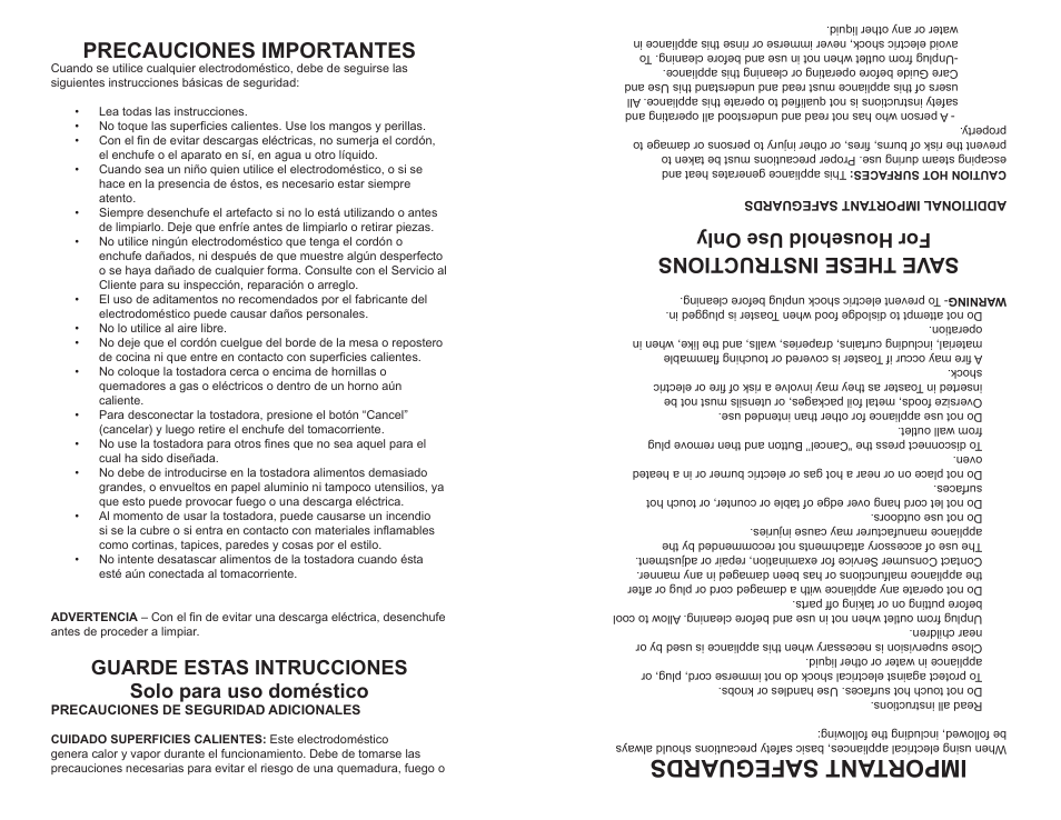Important safeguards, Save these instructions, Precauciones importantes | For household use only, Guarde estas intrucciones solo para uso doméstico | Continental COOL TOUCH CE23439 User Manual | Page 7 / 12