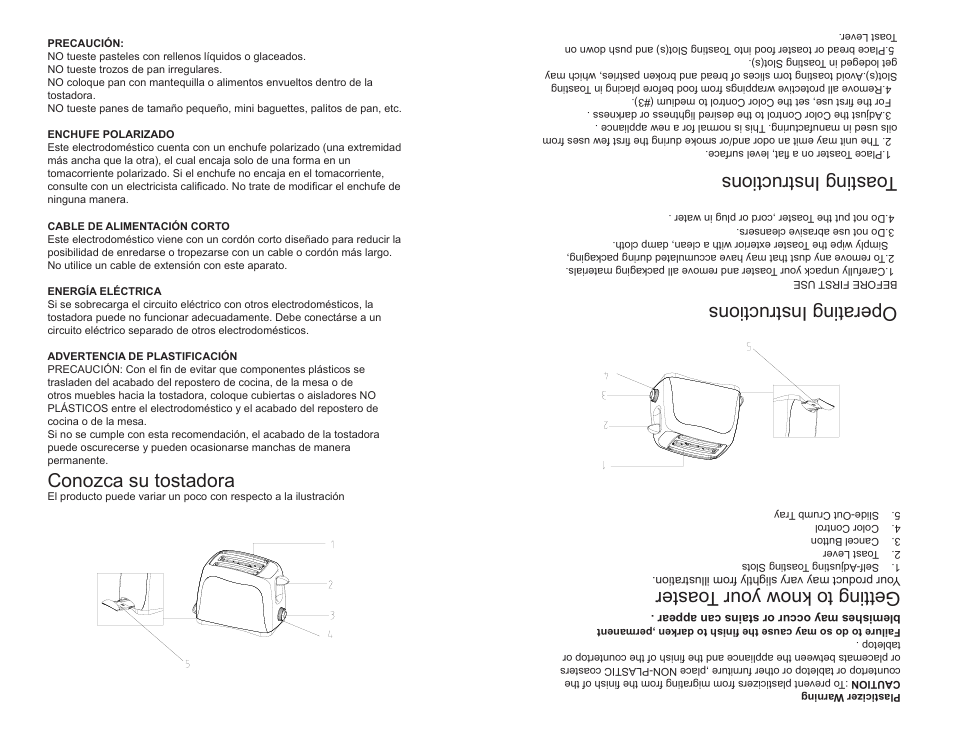 Conozca su tostadora, Getting to know your toaster, Operating instructions | Toasting instructions | Continental COOL TOUCH CE23439 User Manual | Page 9 / 12