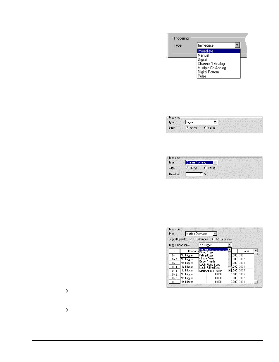 Trigger types, Immediate, Manual | Digital, Channel 1 analog, Multiple ch analog | Measurement Computing WaveView User Manual | Page 25 / 48