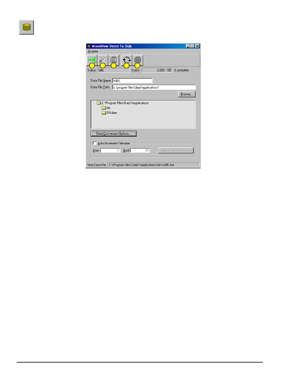 Direct-to-disk window, Direct-to-disk window… 30, Waveview direct-to-disk window | Measurement Computing WaveView User Manual | Page 32 / 48