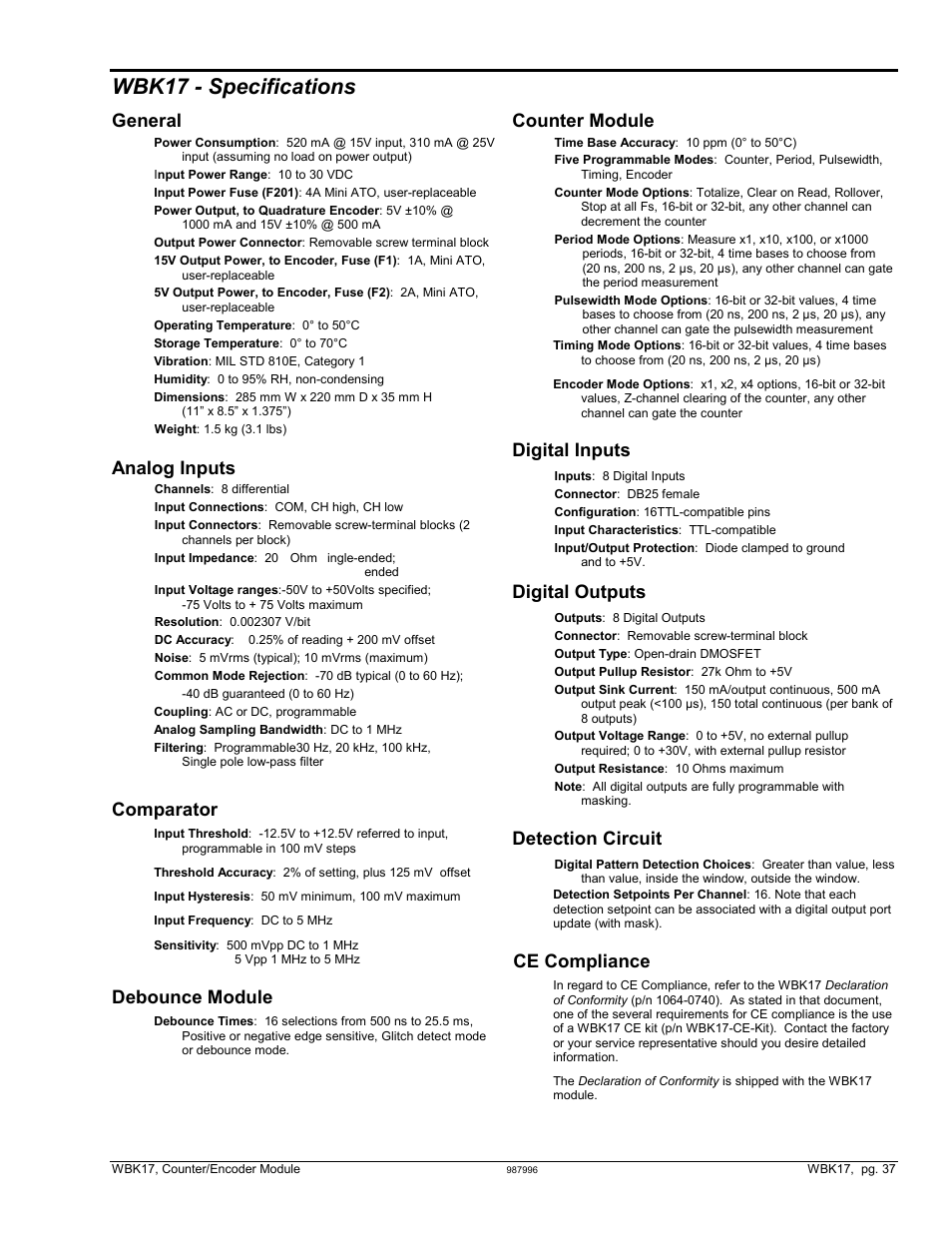 Wbk17 - specifications, Wbk17 - specifications …… 37, General | Analog inputs, Comparator, Debounce module, Counter module, Digital inputs, Digital outputs, Detection circuit | Measurement Computing WBK Options User Manual | Page 115 / 216