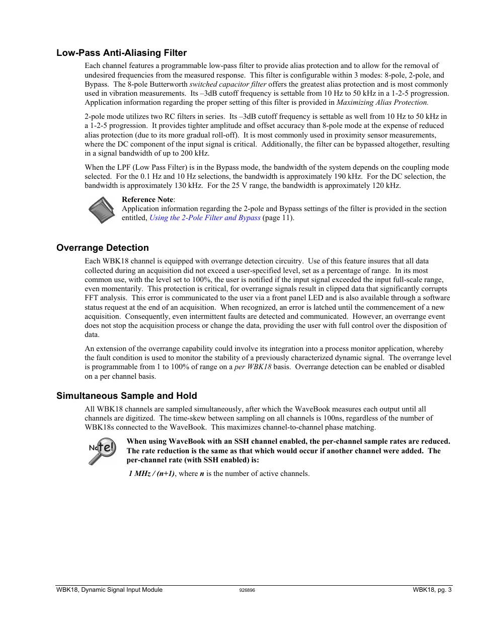 Low-pass anti-aliasing filter, Overrange detection, Simultaneous sample and hold | Measurement Computing WBK Options User Manual | Page 118 / 216
