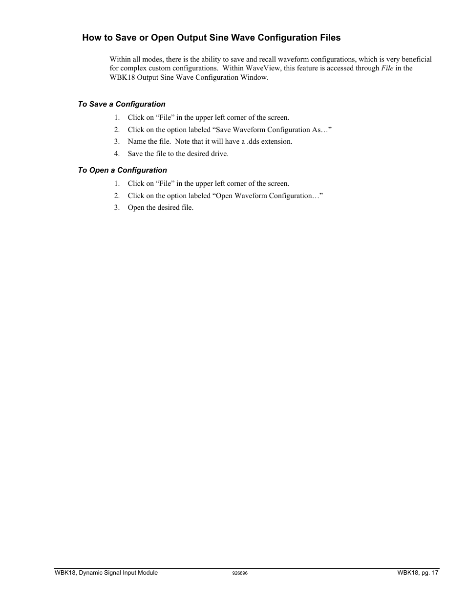 Section, How to save or open output sine wave, Configuration files | Wing section | Measurement Computing WBK Options User Manual | Page 132 / 216