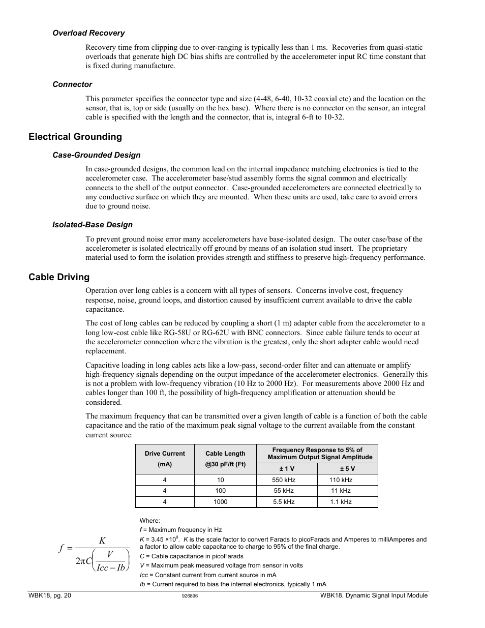 Electrical grounding, Cable driving, Fk c v icc ib = −       2 π | Measurement Computing WBK Options User Manual | Page 135 / 216