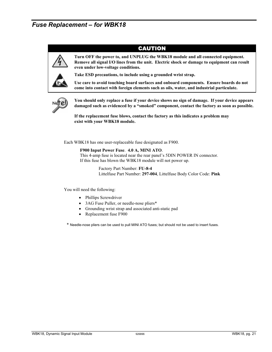 Fuse replacement, Fuse replacement …… 22, Fuse replacement – for wbk18 | Caution | Measurement Computing WBK Options User Manual | Page 136 / 216