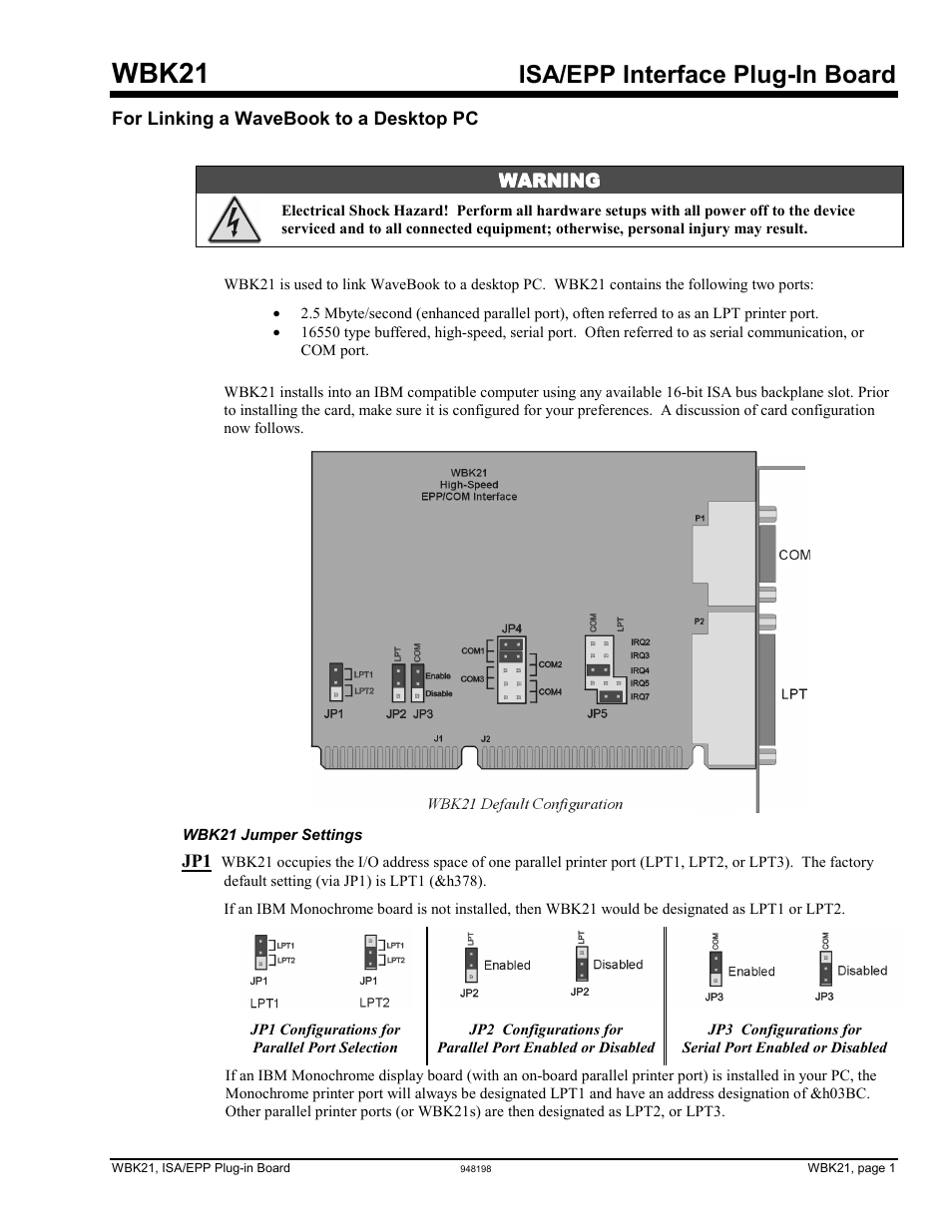 Wbk21 - isa/epp interface plug-in board, Wbk21 – isa/epp interface plug-in board, Wbk21 | Isa/epp interface plug-in board | Measurement Computing WBK Options User Manual | Page 142 / 216