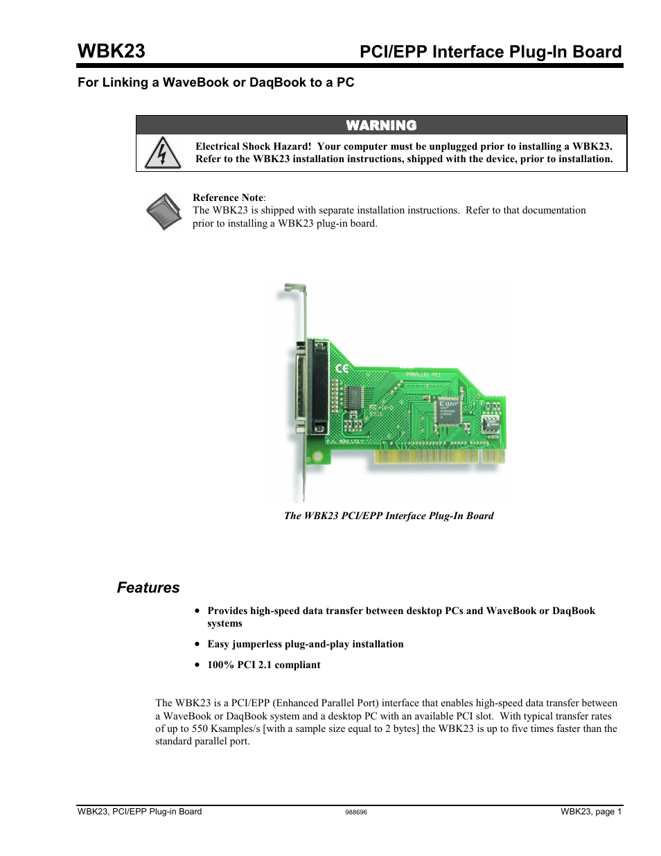 Wbk23 - pci/epp interface plug-in board, Features, Wbk23 – pci/epp interface plug-in board | Wbk23, Pci/epp interface plug-in board | Measurement Computing WBK Options User Manual | Page 144 / 216