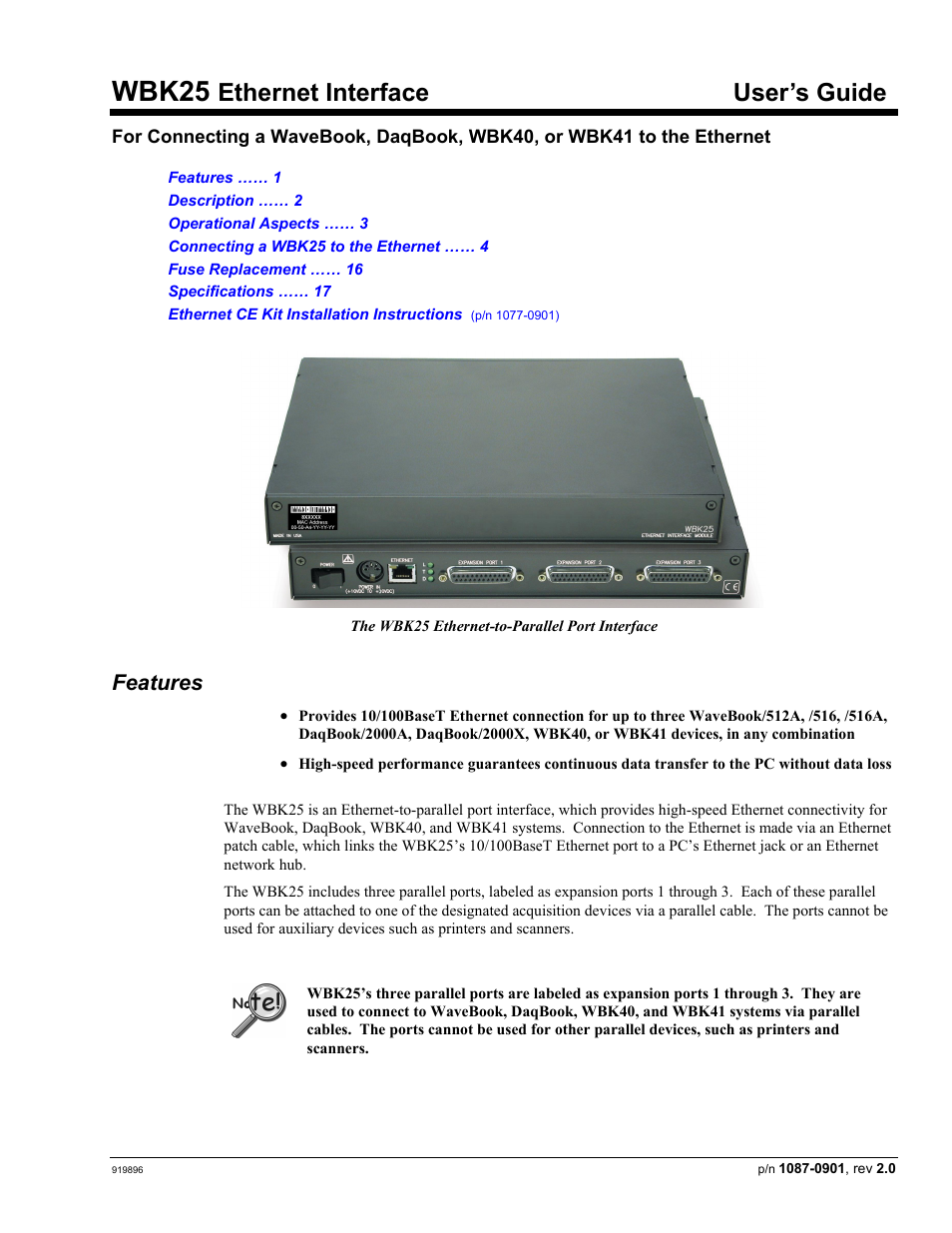 Features, Wbk25 – ethernet interface module, User's guide (p/n 1087-0901) | Wbk25, Ethernet interface user’s guide | Measurement Computing WBK Options User Manual | Page 146 / 216