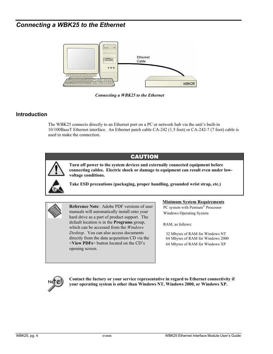 Connecting a wbk25 to the ethernet, Connecting a wbk25 to the ethernet …… 4, Introduction | Caution | Measurement Computing WBK Options User Manual | Page 149 / 216