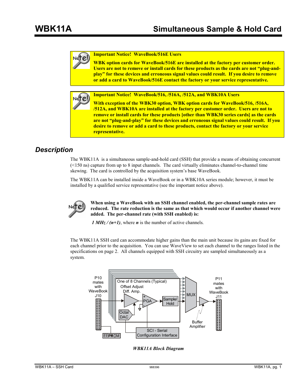 Wbk11a - simultaneous sample & hold card, Description, Wbk11a – simultaneous sample and hold (ssh) card | Wbk11a, Simultaneous sample & hold card | Measurement Computing WBK Options User Manual | Page 16 / 216