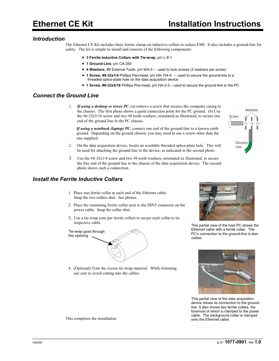 Ethernet ce kit, Ethernet ce kit installation instructions, P/n 1077-0901) | Introduction, Connect the ground line, Install the ferrite inductive collars | Measurement Computing WBK Options User Manual | Page 163 / 216