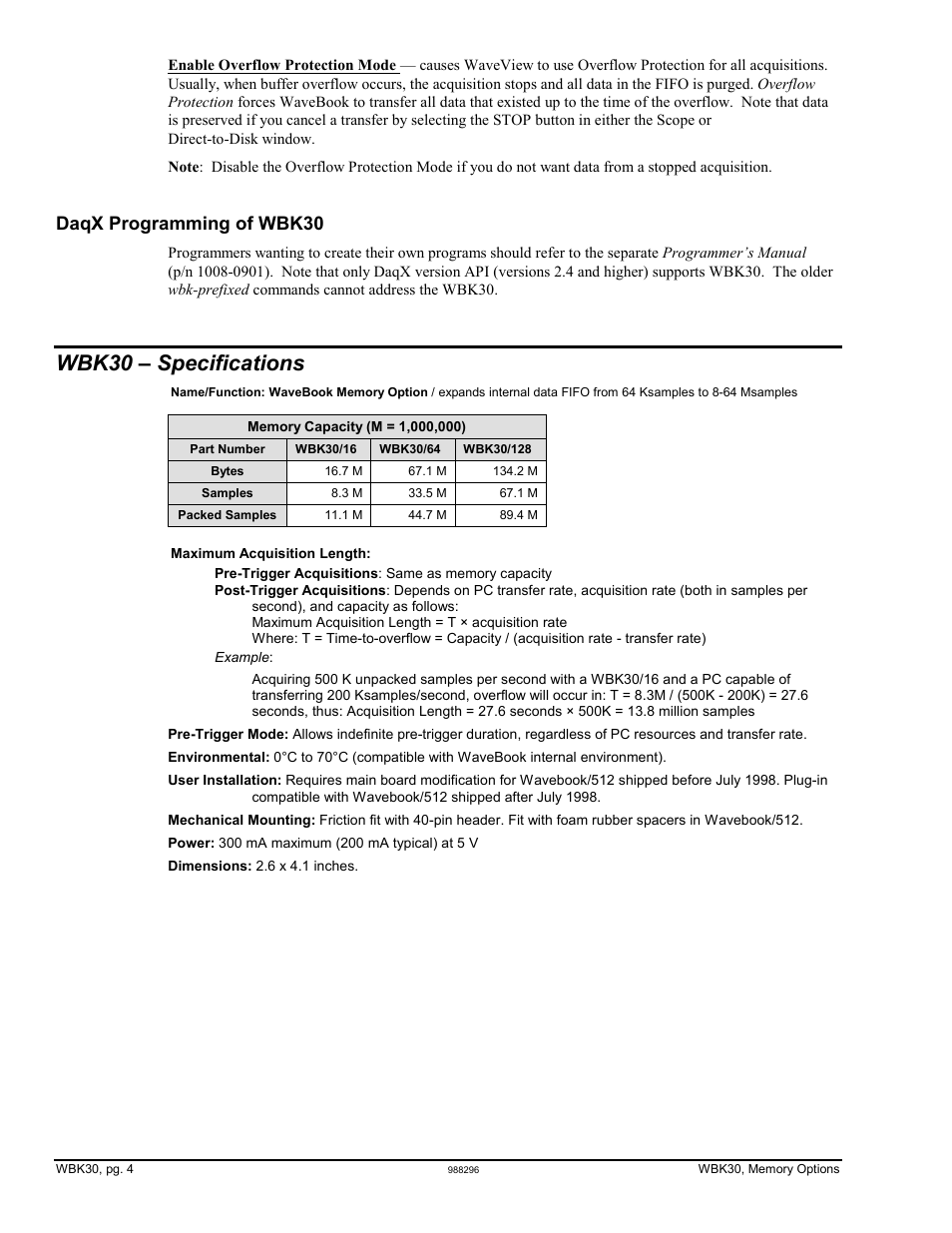 Wbk30 – specifications, Daqx programming of wbk30 | Measurement Computing WBK Options User Manual | Page 167 / 216