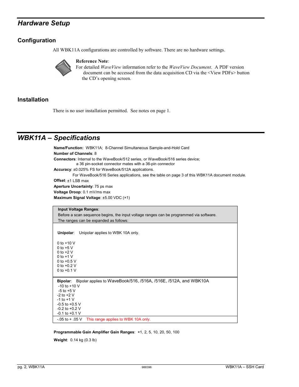 Hardware setup, Wbk11a – specifications, Configuration | Installation | Measurement Computing WBK Options User Manual | Page 17 / 216