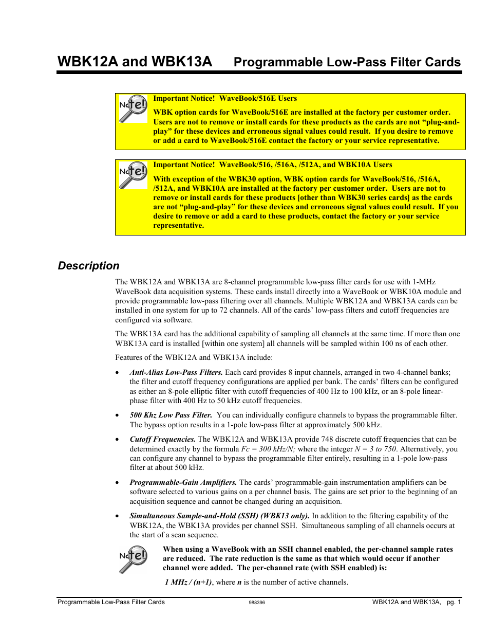 Description, Wbk12a and wbk13a – programmable filter cards, Wbk12a and wbk13a | Programmable low-pass filter cards | Measurement Computing WBK Options User Manual | Page 19 / 216